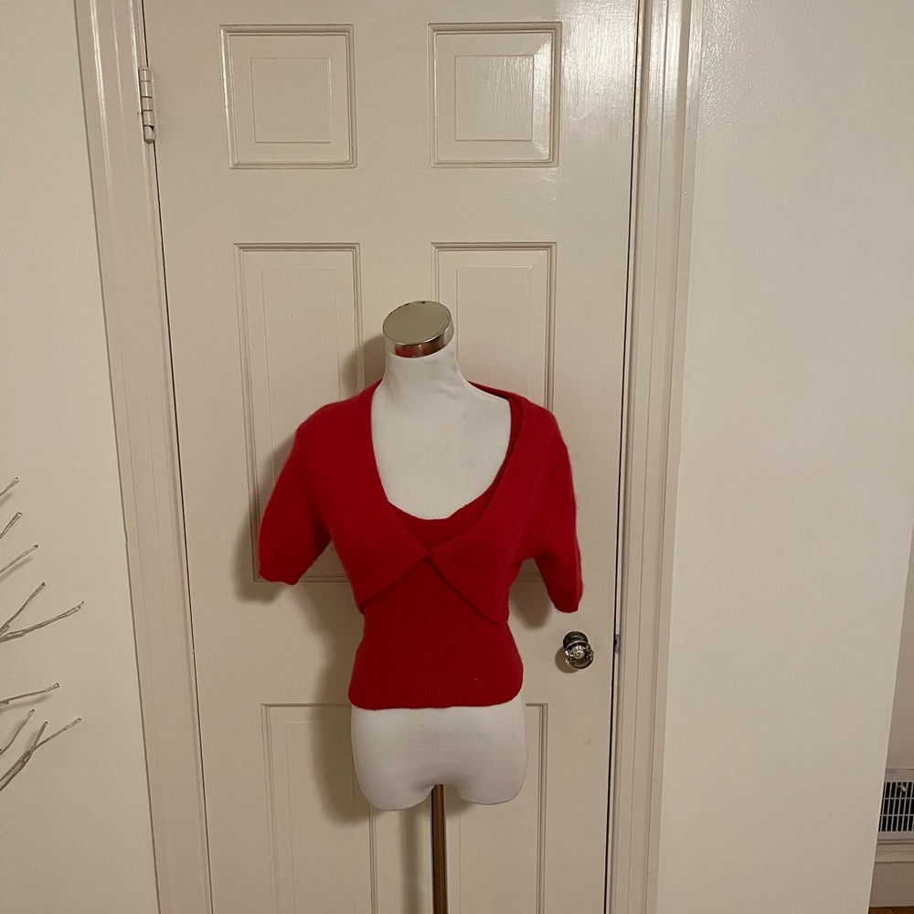 vintage Cement Red Fuzzy Sweater Set size Small